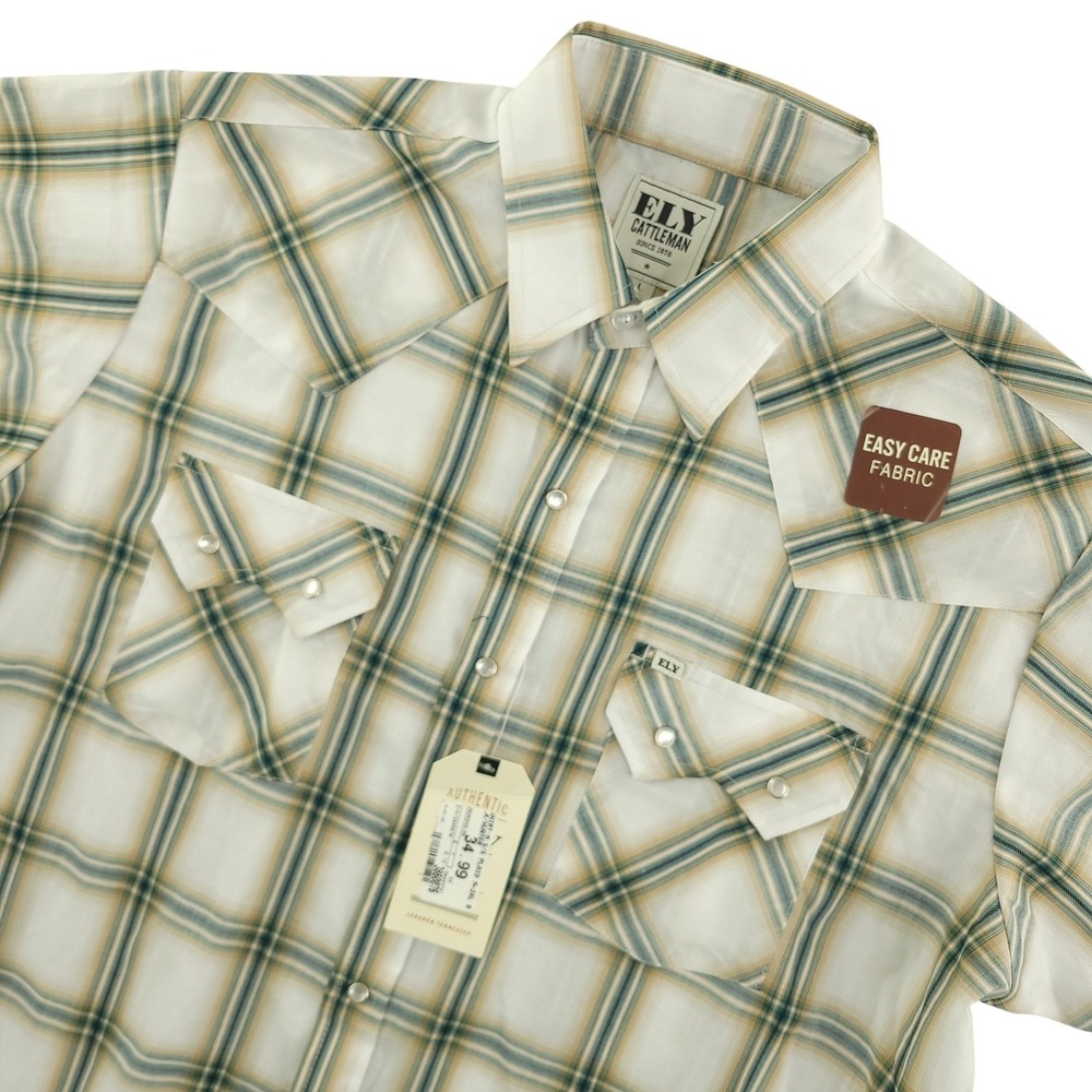 Ely‎ Cattleman Shirt Mens L Beige Plaid Short Sleeve Snap Western Cowboy Casual